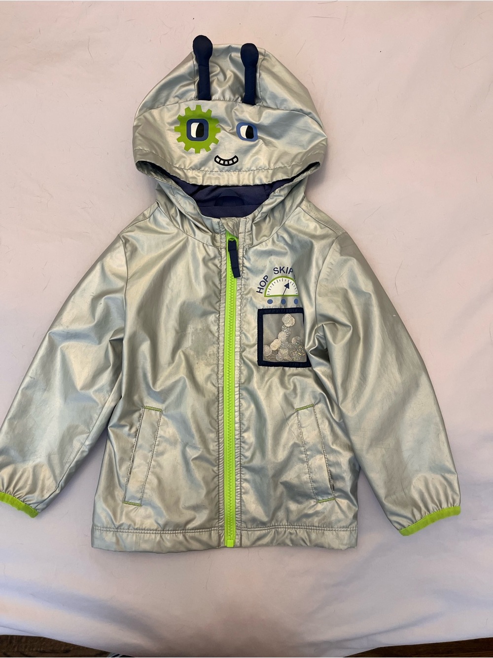 Cat & Jack Silver Hooded Raincoat with Lime Trim